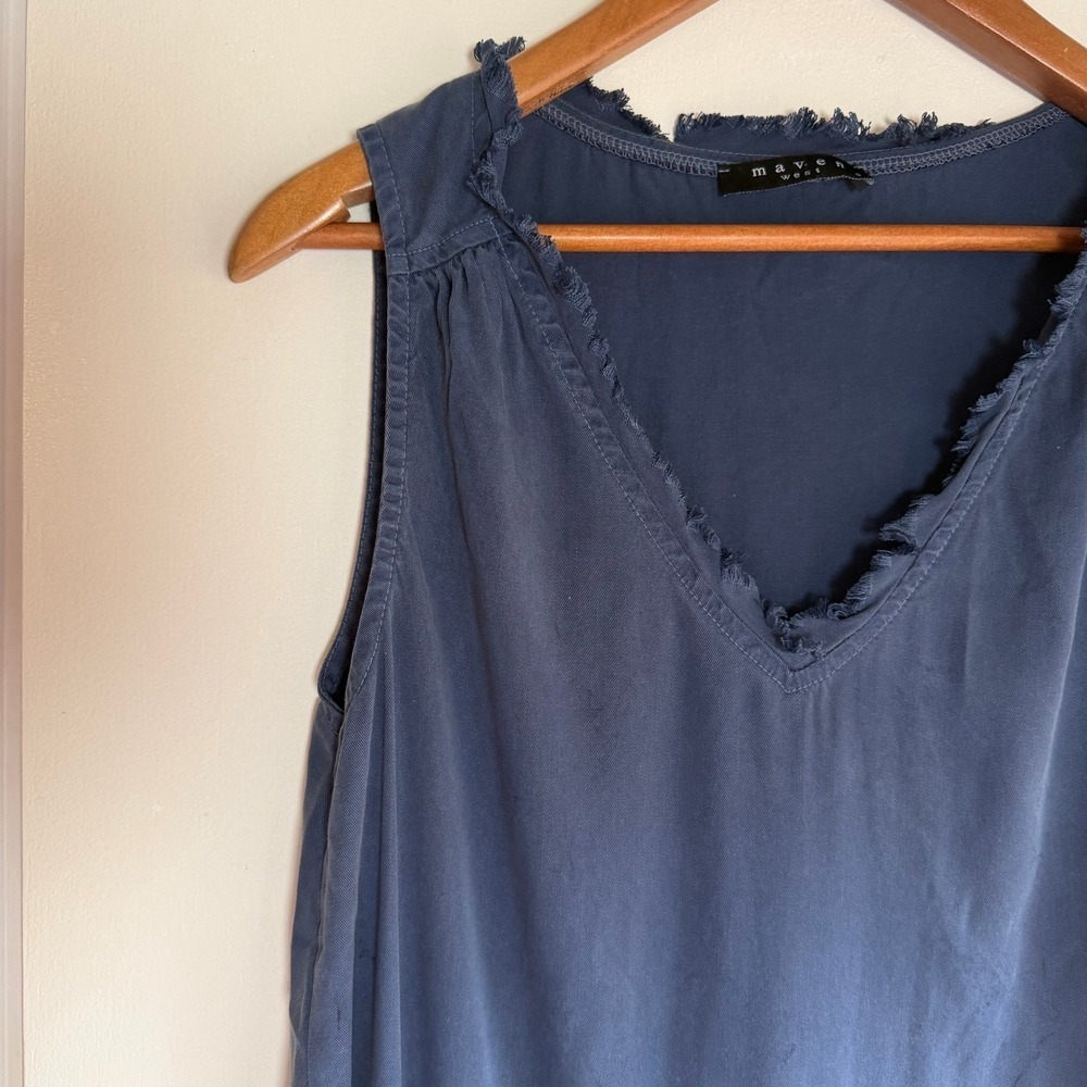 MAVEN WEST Navy Blue Distressed V Neck Midi Dress Size S - Picture 2 of 8